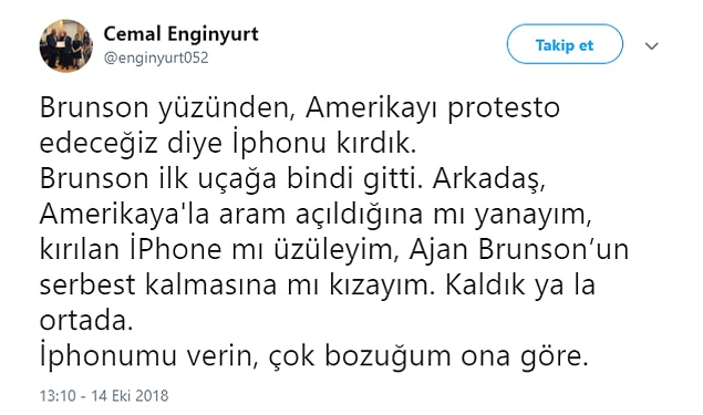 Krizin son bulmasının ardından Enginyurt sosyal medya üzerinden telefonunu geri istedi.