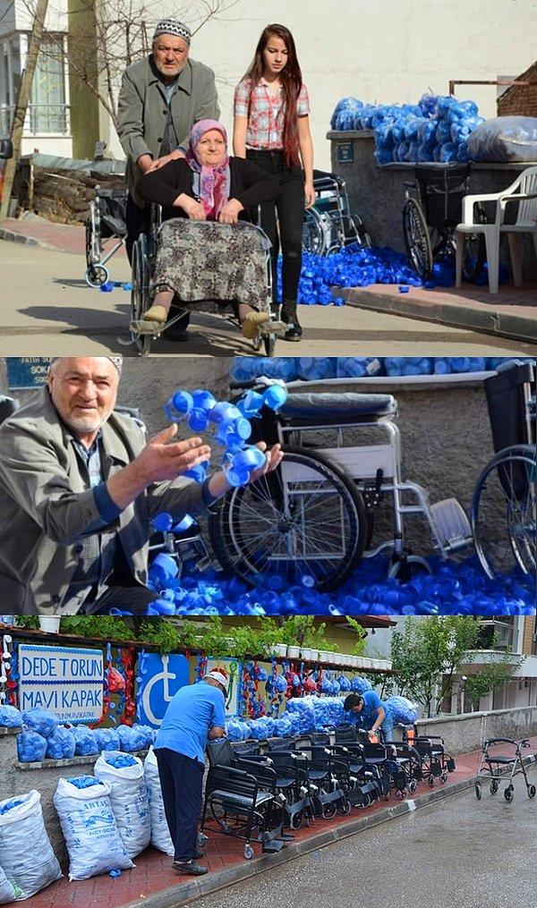16. 12 yıldan beri mavi kapak toplayarak 129 engelliye tekerlekli sandalye almayı başaran dede ve torun. 👏