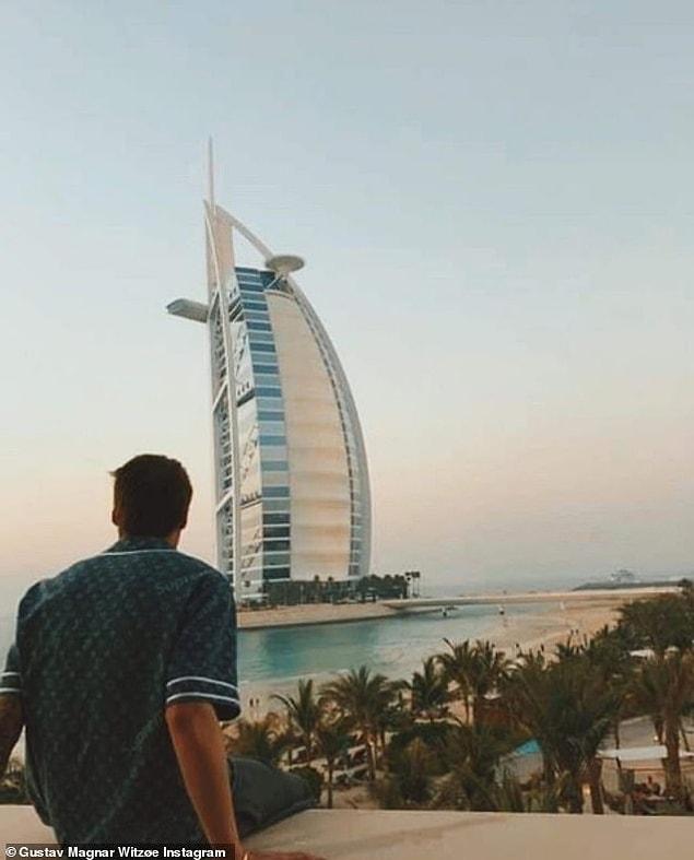 Gustav is seen posing in Dubai with the best views of the luxury hotels only the rich and famous can afford.