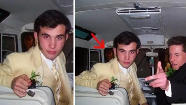 1. "This was on my way to junior prom in 2006. I just left dinner when my friend snapped this photo. It wasn't until afterward when she noticed the creepy figure to the left of our friend's head."