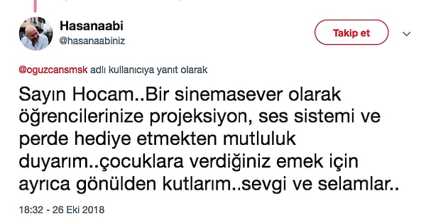 Mesela bir yardımsever, çocuklara projeksiyon ve perde vermek için harekete geçti.