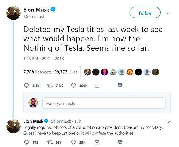 Öte yandan son aylarda yaptığı garip hareketler ve hamleler ile sıkça gündemde kendine yer bulan Tesla CEO'su Elon Musk ise Twitter hesabından Tesla ile ilgili ünvanlarını kaldırdığını açıkladı.