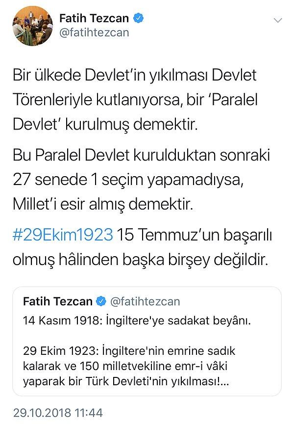 Fatih Tezcan'ın '29 Ekim' paylaşımı çok tartışıldı