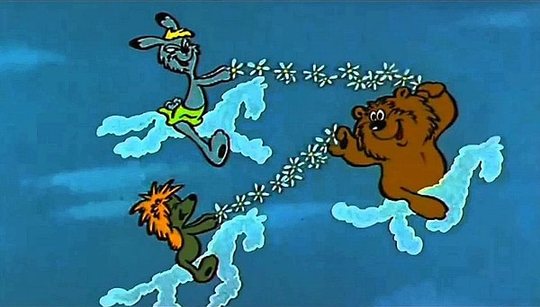 7. Эту песню пели главные герои мультфильма "Трям! Здравствуйте!": "Мимо белого яблока луны, ..."