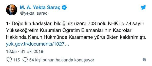 YÖK Başkanı Prof. Dr. Yekta Saraç resmi Twitter hesabından detaylara şöyle açıklık getirdi👇