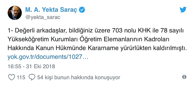 YÖK Başkanı Prof. Dr. Yekta Saraç resmi Twitter hesabından detaylara şöyle açıklık getirdi👇