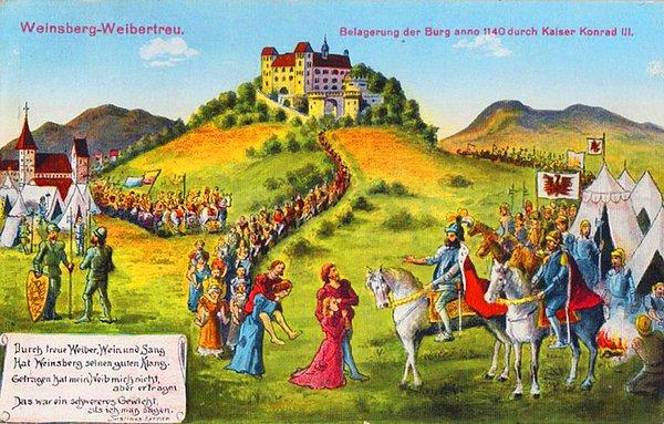 2. 1140 yılındaki zorlu bir kuşatma sırasında insanlar kaleyi teslim etmemek konusunda uzun süre direndiği için asabı bozulan Alman İmparator III. Conrad, şehirde yaşayan tüm insanları idama mahkum etmiş.