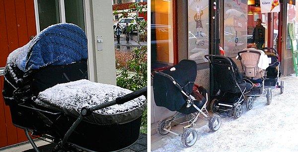 8. Reykjavik'te aileler alışveriş yaparken marketin dışında ve soğukta bebeklerini bebek arabasında bırakıyorlar.