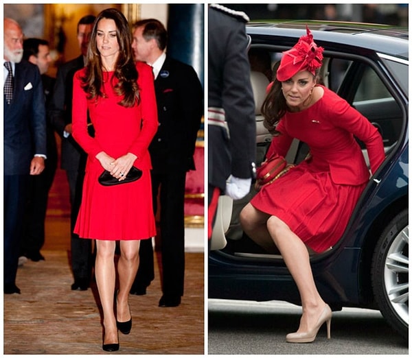Ярко-алое платье Alexander McQueen Кейт надела в 2012 году на бриллиантовый юбилей королевы, а затем в 2014 году на мероприятие в Букингемском дворце