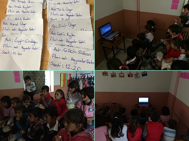 Her öğrenci için bilet kesilmiş, sınıf tıpkı sinema gibi karartılmış ve de herkes için patlamış mısır hazırlanmış.