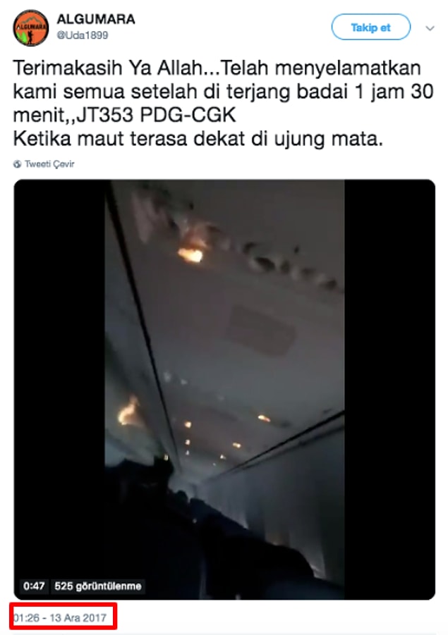 Ancak videonun, Endonezya’nın başkenti Cakarta’dan havalanan Lion Havayolları’na ait JT610 sefer sayılı yolcu uçağının düşmesinden önce, içerisindeki yolcular tarafından çekilen görüntüleri gösterdiği iddiası doğru değil.