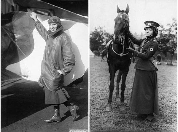 Solda: Pilot Marjorie Stinson, bomber ceketinin altına giydiği elbise ile hava aracının yanında poz veriyor: