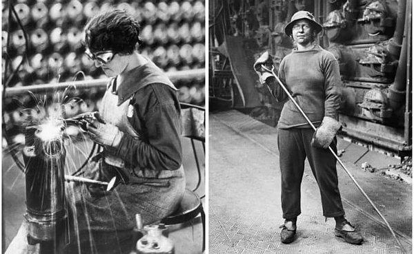Solda: 1918 sıralarında bir mühimmat işçisi.