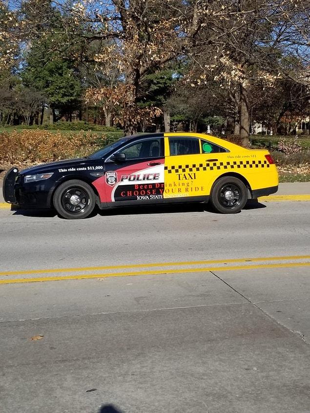 10. "This police car on my campus is painted half like a taxi in a statement against drunk driving"