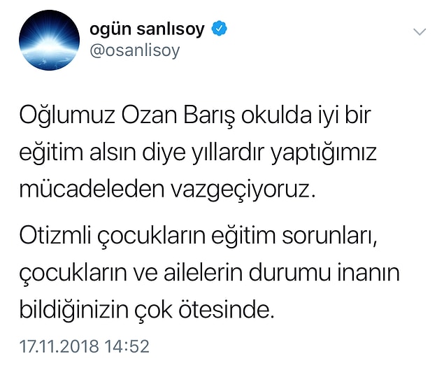 Şarkıcı Ogün Sanlısoy da, oğulları için yıllardır verdikleri mücadeleden vazgeçtiklerini duyurdu ve oğulları Ozan'ın 'eğitim sisteminden muaf tutulmasını' istediğini ifade etti.