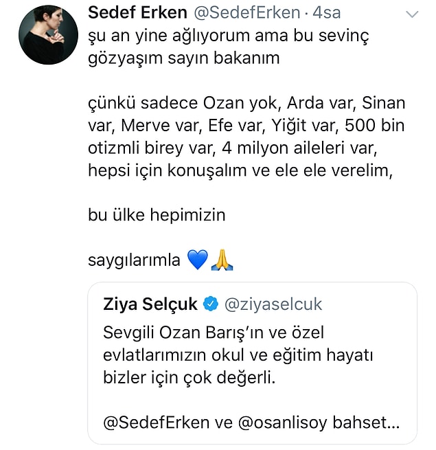 Sedef Erken, Selçuk'un paylaşımına '500 bin otizmli çocuk var, hepsi için konuşalım ve el ele verelim' şeklinde yanıt verdi.