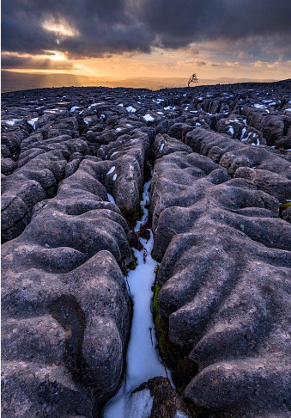 11. İngiltere Yorkshire Dales National Park'taki kireç taşı kaplamalı kayalar: