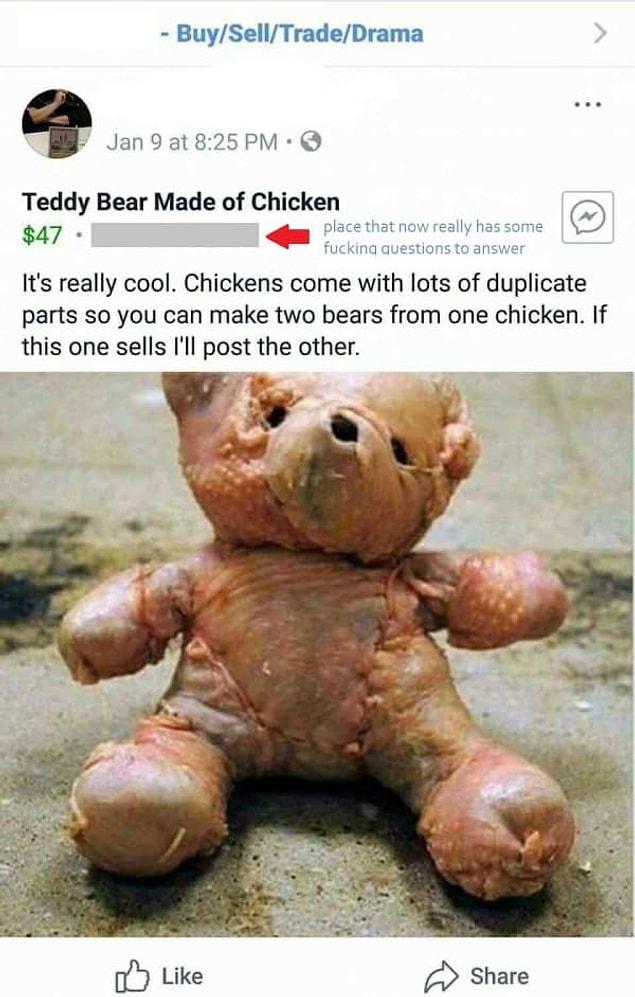 19. Teddy bear made of chicken, it is demon man: