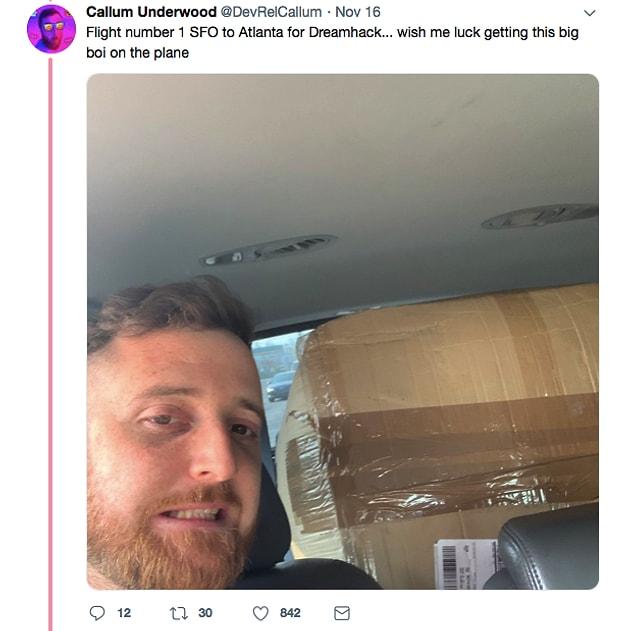 He tried to get it home to the UK while on a business trip to the West Coast, via a stop-off at an e-sports conference in Atlanta!