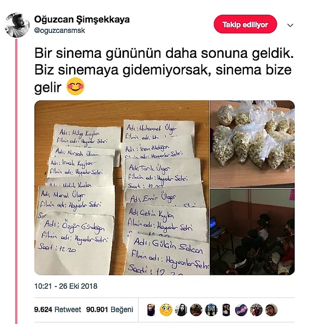 2. Daha önce hiç sinemaya gitmemiş öğrencileri için kendi imkanlarıyla sınıfı sinema salonuna çeviren Oğuzcan Öğretmen