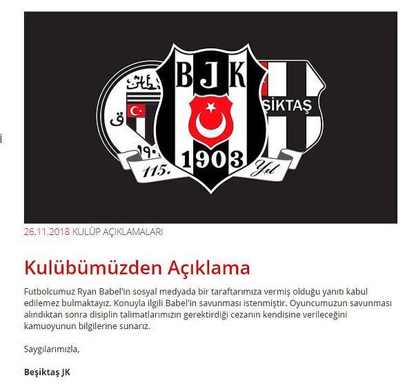 Beşiktaş: “Futbolcumuz Ryan Babel’in sosyal medyada bir taraftarımıza vermiş olduğu yanıtı kabul edilemez bulmaktayız.”