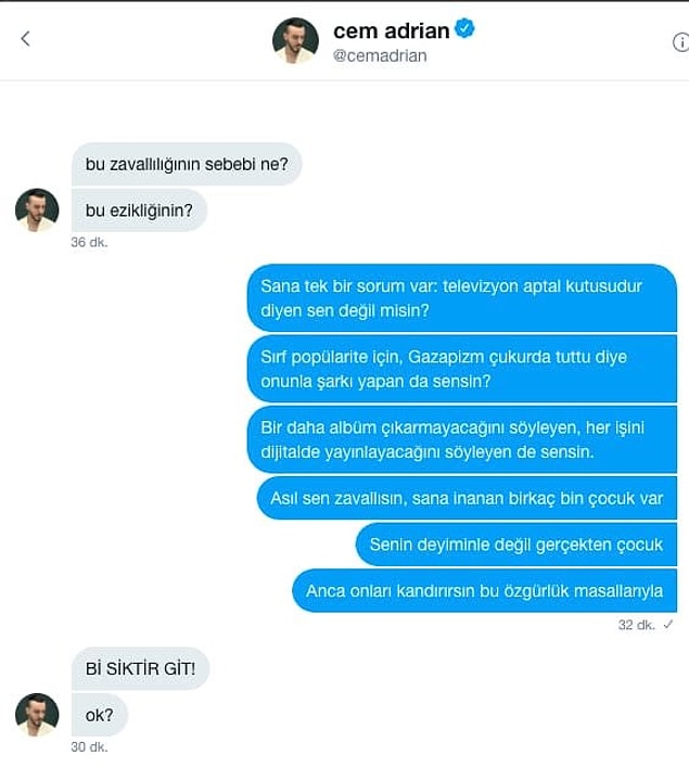Bir Twitter takipçisi, Cem Adrian'a tepkisini bu direkt mesajlarla gösterirdi fakat Cem Adrian da lafını pek esirgemedi.