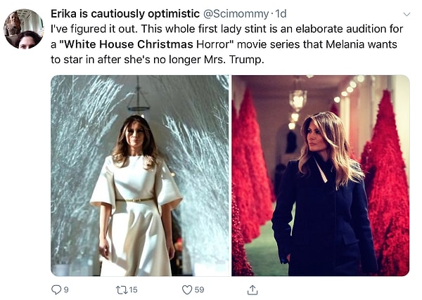 2. «Я наконец-то поняла. Все это - тщательно обдуманная подготовка Мелании к кастингу на роль в сериале «Рождественские ужасы Белого дома», в котором она хочет сниматься после развода с Трампом».