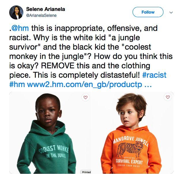 1. Fashion brand, H&M shared an image on its website of a young African-American boy.