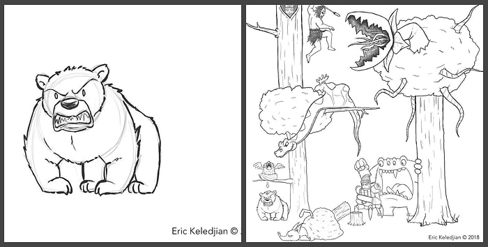 А начиналось все с мишки: художник дорисовывал каждый день по одному персонажу в течении 19 дней, и вот что получилось