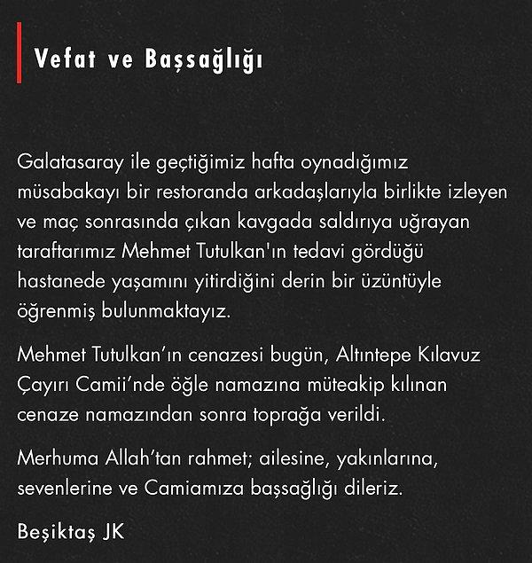 Beşiktaş başsağlığı mesajı yayınladı