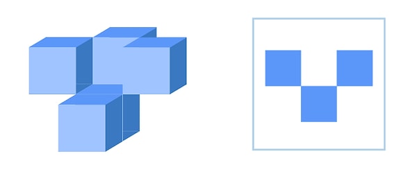 4. Все кубики этой фигуры скреплены между собой по граням или ребрам. С какой стороны можно увидеть эту фигуру так, как показано на картинке справа?
