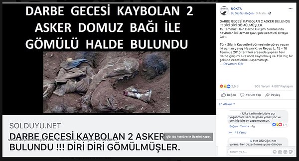 1. "15 Temmuz gecesi iki askerin kaybolduğu ve domuz bağıyla gömülü bulundukları iddiası."