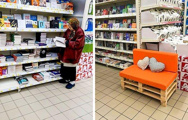 8. 15 yıldır bir kitap mağazasına gelerek ayakta kitap okuyan bu yaşlı hanımefendi için kitap mağazasına ona özel bir koltuk yerleştirildi.
