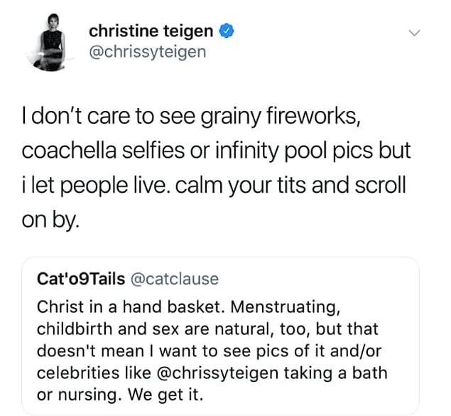2. Chrissy Teigen replies to someone who criticize her breastfeeding photos