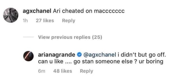 3. Ariana Grande's response to fan who accused her of cheating on Mac Miller