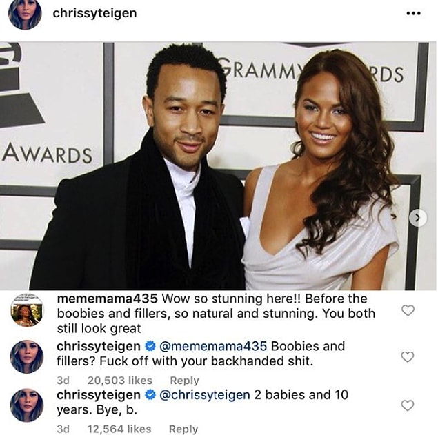 16. Chrissy Teigen again claps back at a fan who tried to call her out for plastic surgery