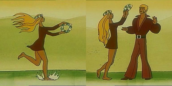 6. Вода в мультфильме "Бременские музыканты" плавно превращается в траву