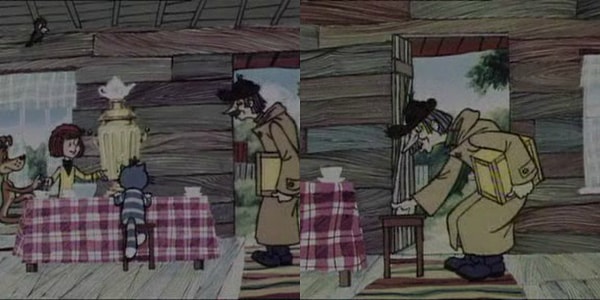 9. А вот Печкин овладел манящими чарами (когда он заходит, на табуретке сидит Матроскин, но когда наклоняется, она оказывается рядом с почтальоном)