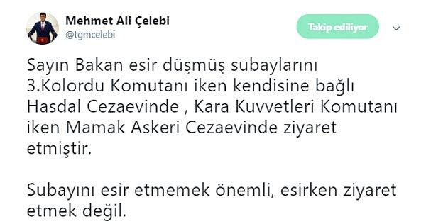 Hulusi Akar'ın açıklamasının bir bölümünde seslendiği CHP Milletvekili Mehmet Ali Çelebi Twitter'dan bir açıklama yaptı 👇