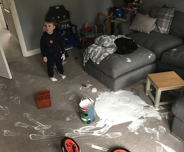 2. He managed to get paint all over the carpet, sofa and walls...What an artist!
