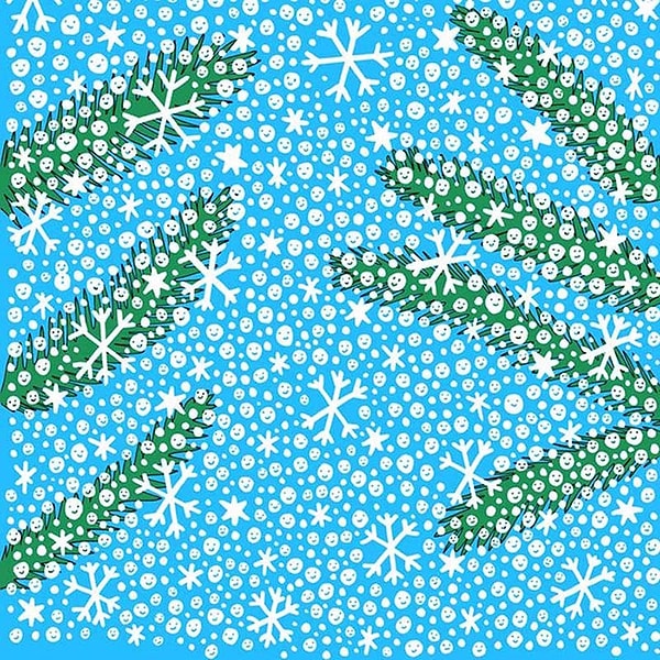 7. Художник Гергели Дудаш очень любит рисовать картинки со спрятанными вещами. На этот раз он предлагает найти снеговика среди снежинок. Вам это оказалось под силу?