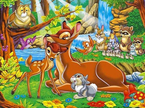 1942 yapımı filmde Bambi'nin annesinin bir avcı tarafından katledilmesi üzerine yavru geyik kendi başının çaresinde bakmak durumunda kalıyordu.