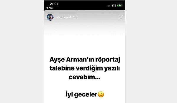 Ahmet Kural da Instagram sayfasından bir story paylaştı.