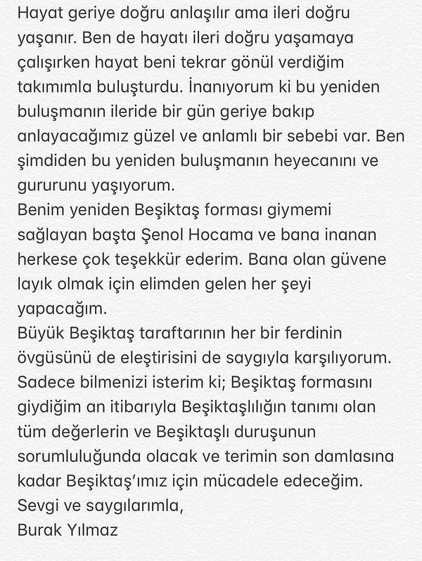 Burak Yılmaz: "Beşiktaşlı duruşunun sorumluluğunda olacak ve terimin son damlasına kadar Beşiktaş'ımız için mücadele edeceğim."