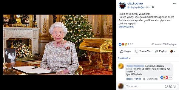 2. "Kraliçe Elizabeth’in yeni yıl konuşması sırasında arkada duran piyanonun Saddam’ın sarayından olduğu iddiası."