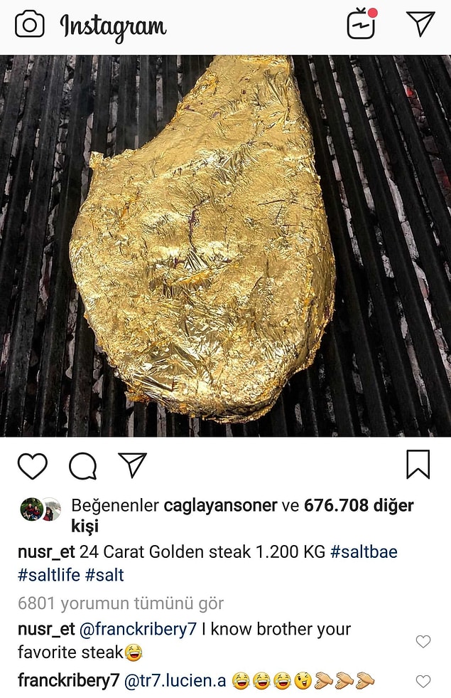 Tartışmaların üzerine tuz atar gibi bu fotoğrafı paylaşan Nusret, Ribery'i de etiketleyerek "Kardeşim bak, senin favori etin" dedi...