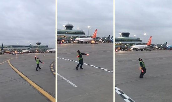 İşini Severek Yapanlarda Bugün: Havaalanı Görevlisinin Eğlenceli Çalışma Görüntüleri