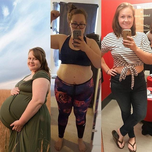 9. © glittershazaam / reddit    “I was fat before I was pregnant but then I became pregnant with twins and eating kept me sane. The middle picture is 1 year postpartum (Dec 2017) and on the right is me today taking baby steps to wearing a crop top!