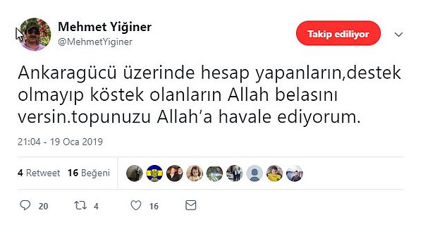 17. Ankaragücü başkanı Yiğiner'den paylaşım! "Köstek olanların Allah belasını versin"