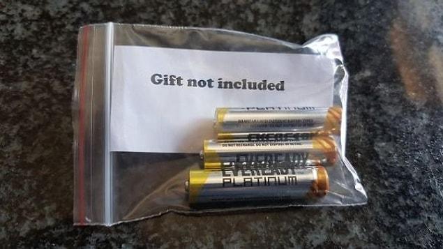 1. "We always get each other ironic gifts, my little sister killed it this year: batteries not included."